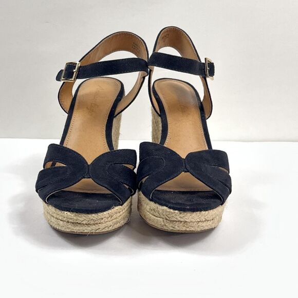 American Eagle Wedge Sandals Womens 7 Black Faux Suede Espadrille Ankle Strap - Picture 9 of 12